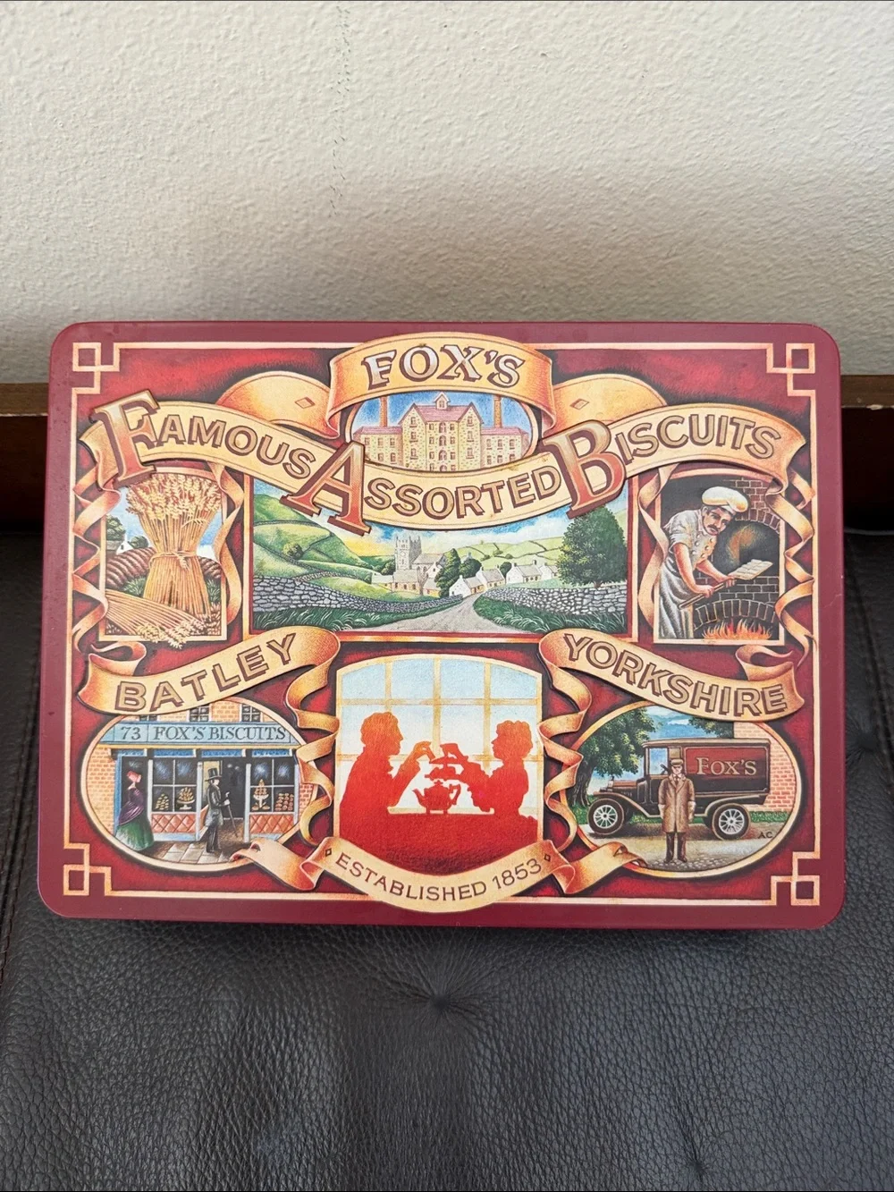 Vintage Fox's Famous Assorted Biscuits Tin Features Nostalgic Heritage Artwork